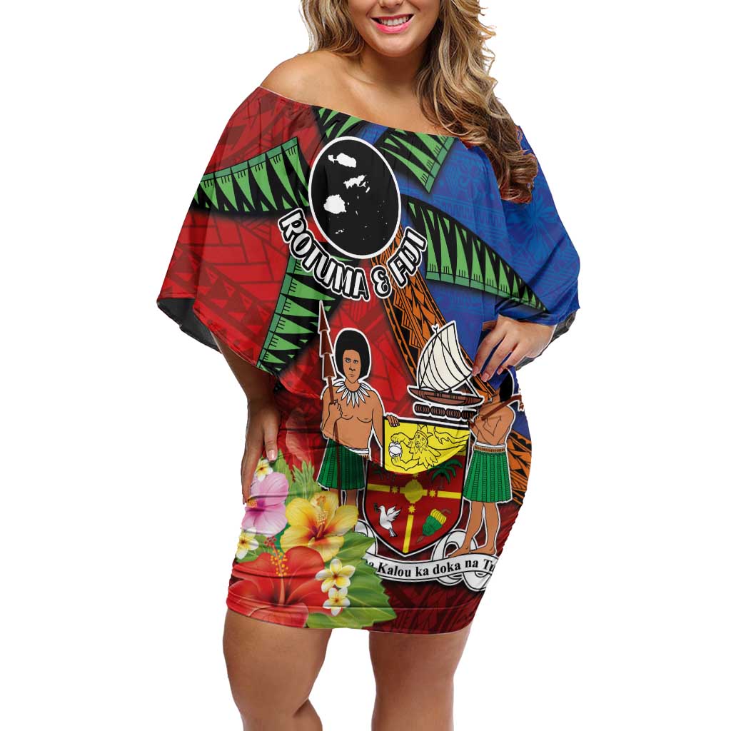 Personalised Fiji and Rotuma Together Off Shoulder Short Dress Fjian Masi and Pacific Pattern Mix Culture