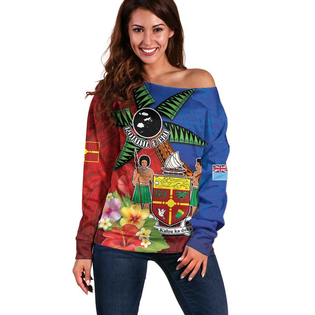 Personalised Fiji and Rotuma Together Off Shoulder Sweater Fjian Masi and Pacific Pattern Mix Culture