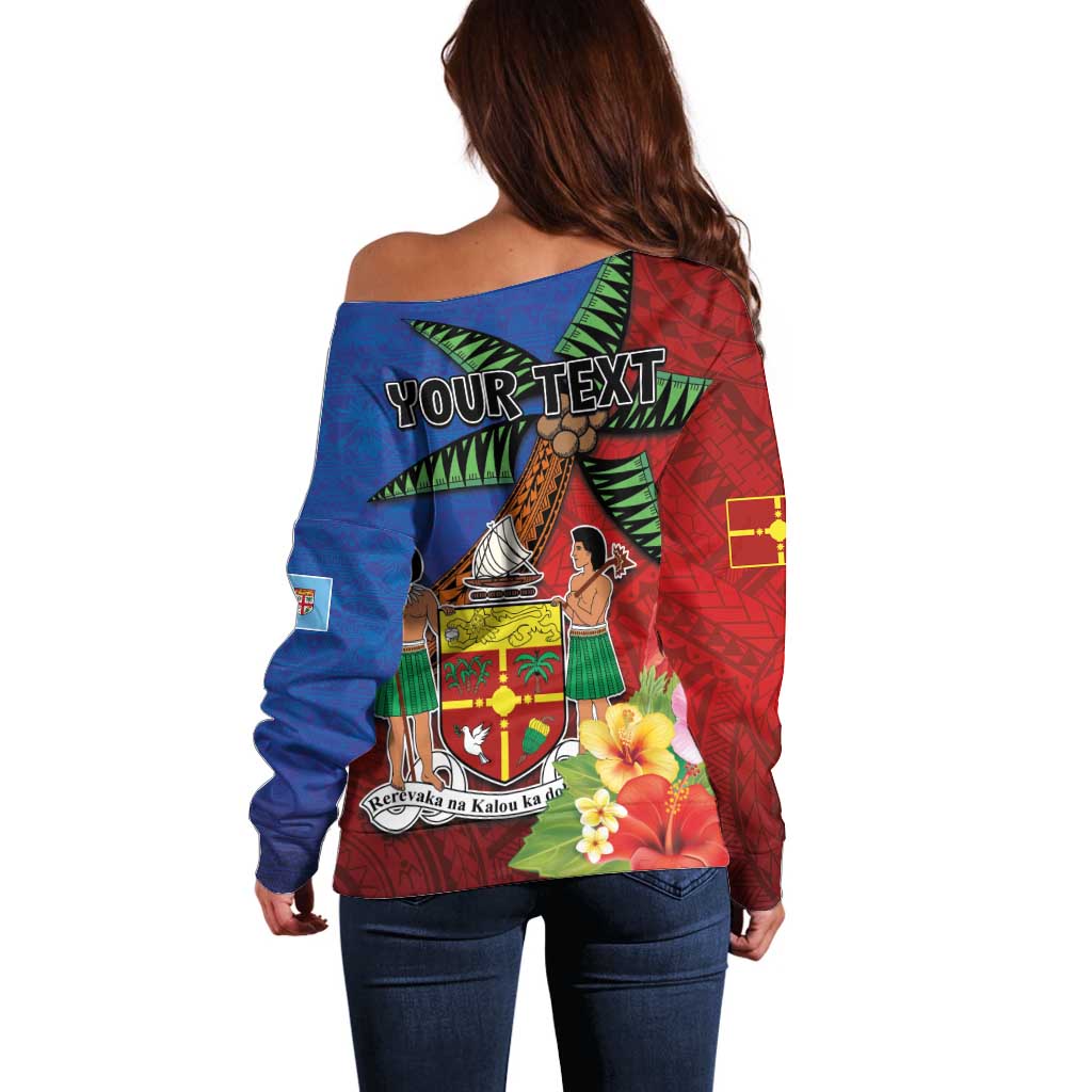 Personalised Fiji and Rotuma Together Off Shoulder Sweater Fjian Masi and Pacific Pattern Mix Culture