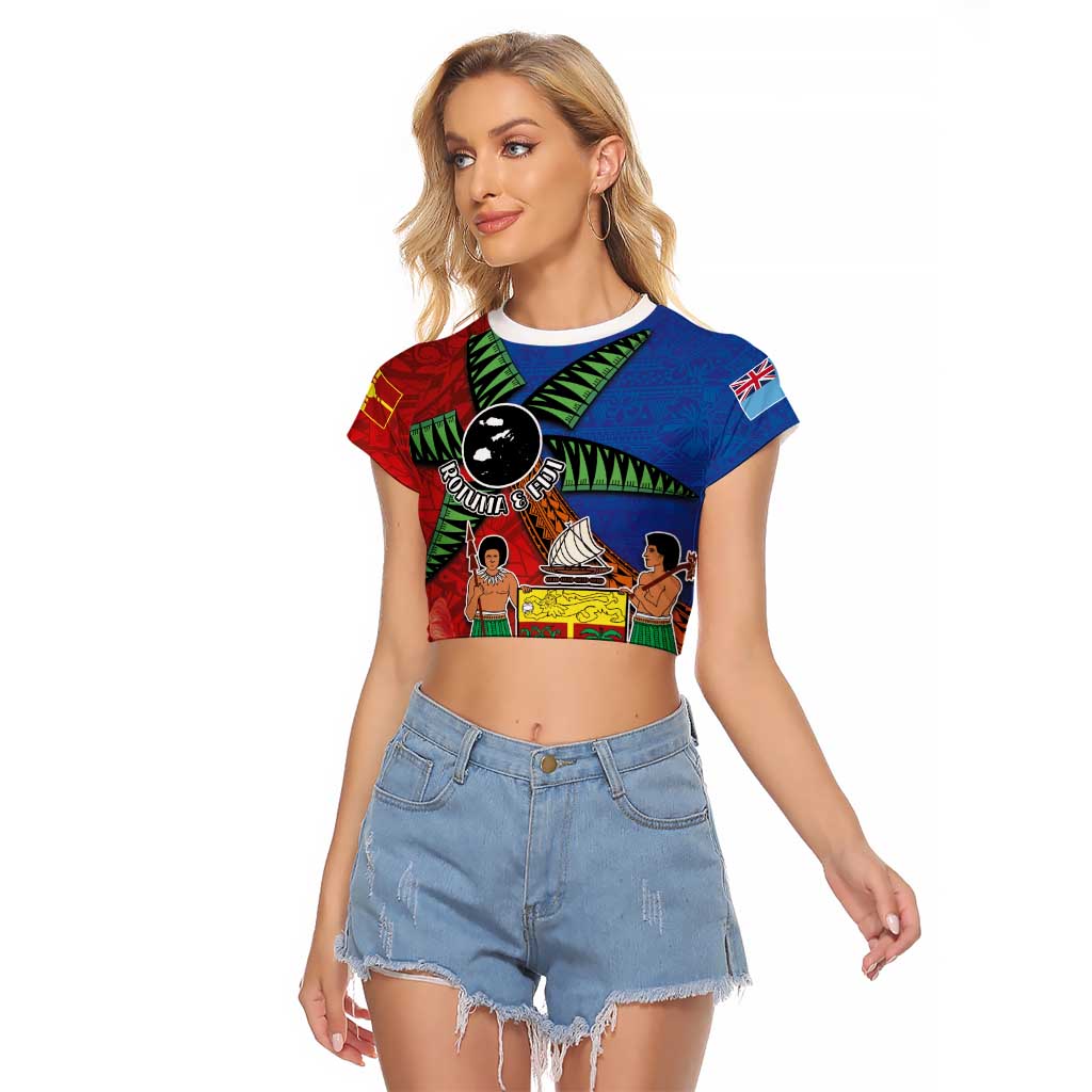 Personalised Fiji and Rotuma Together Raglan Cropped T Shirt Fjian Masi and Pacific Pattern Mix Culture