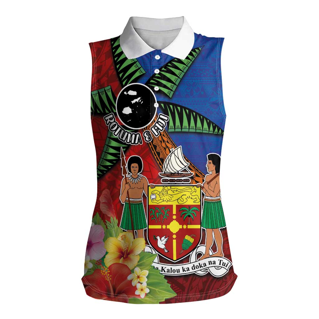 Personalised Fiji and Rotuma Together Women Sleeveless Polo Shirt Fjian Masi and Pacific Pattern Mix Culture
