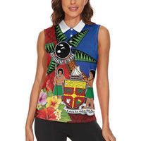 Personalised Fiji and Rotuma Together Women Sleeveless Polo Shirt Fjian Masi and Pacific Pattern Mix Culture LT03 - Polynesian Pride