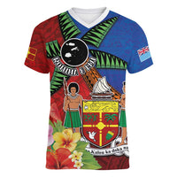 Personalised Fiji and Rotuma Together Women V-Neck T-Shirt Fjian Masi and Pacific Pattern Mix Culture LT03 Female Red - Polynesian Pride