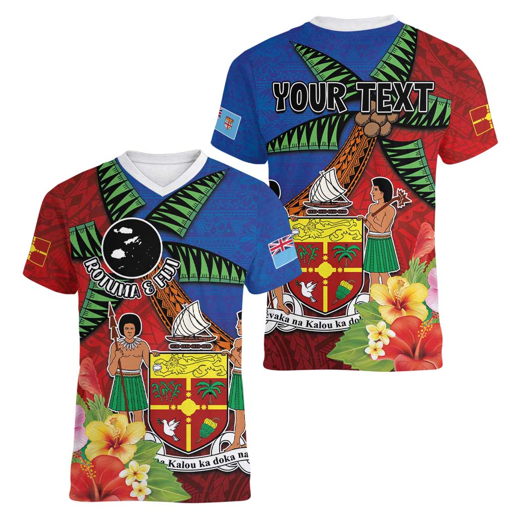 Personalised Fiji and Rotuma Together Women V-Neck T-Shirt Fjian Masi and Pacific Pattern Mix Culture LT03 - Polynesian Pride