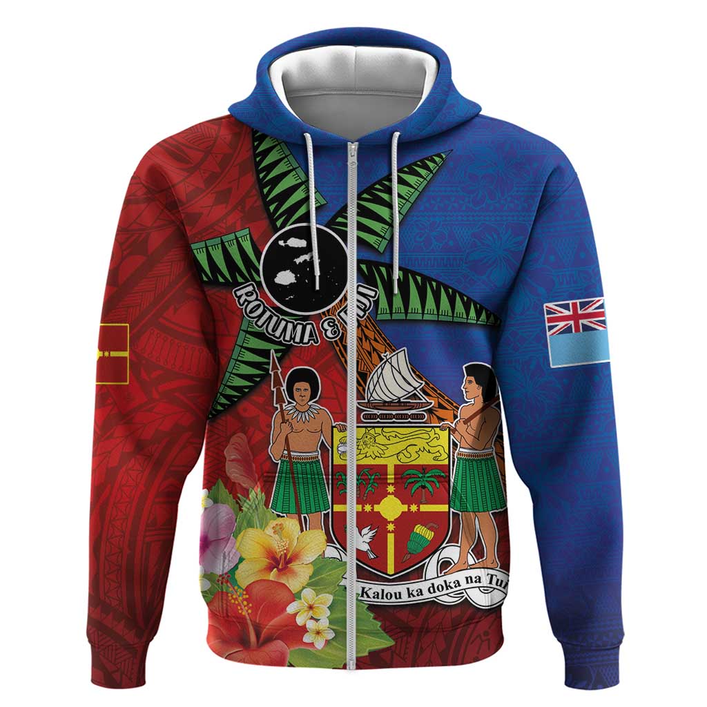 Personalised Fiji and Rotuma Together Zip Hoodie Fjian Masi and Pacific Pattern Mix Culture