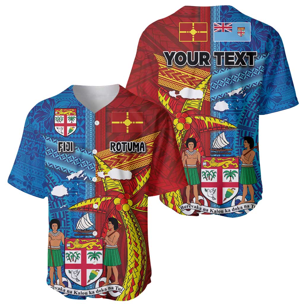 Personalised Fiji and Rotuma Together Baseball Jersey Tapa and Pacific Art Pattern with Cultural Emblems Half Style