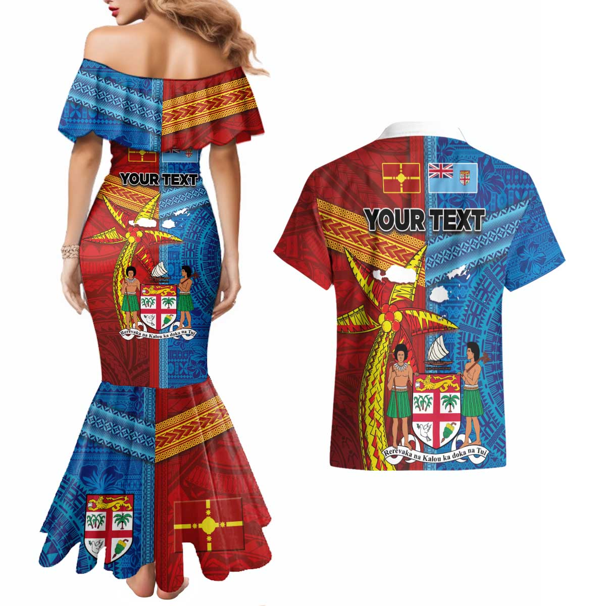 Personalised Fiji and Rotuma Together Couples Matching Mermaid Dress and Hawaiian Shirt Tapa and Pacific Art Pattern with Cultural Emblems Half Style