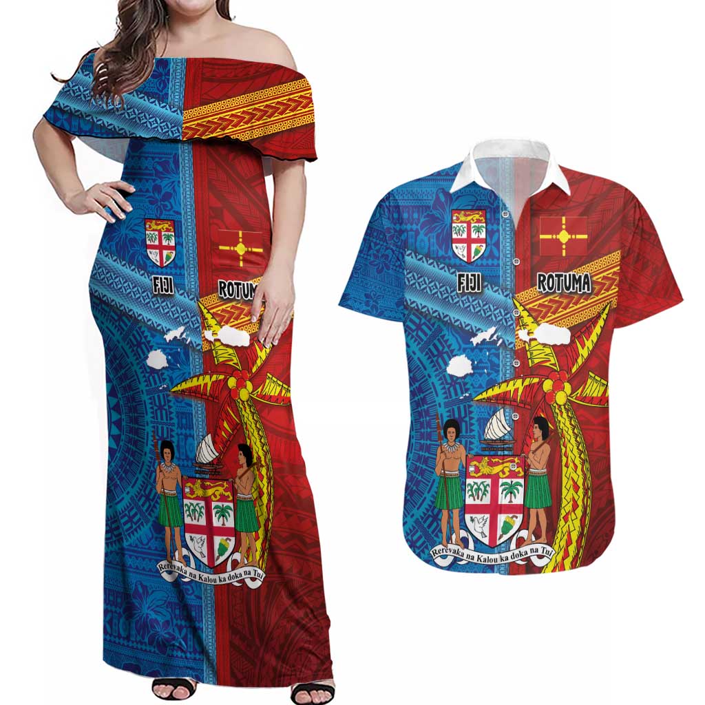 Personalised Fiji and Rotuma Together Couples Matching Off Shoulder Maxi Dress and Hawaiian Shirt Tapa and Pacific Art Pattern with Cultural Emblems Half Style