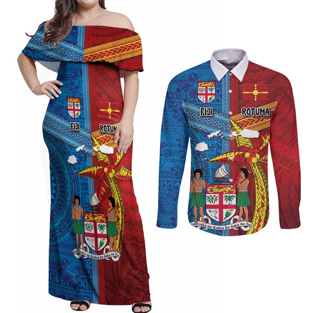 Personalised Fiji and Rotuma Together Couples Matching Off Shoulder Maxi Dress and Long Sleeve Button Shirt Tapa and Pacific Art Pattern with Cultural Emblems Half Style