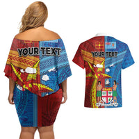 Personalised Fiji and Rotuma Together Couples Matching Off Shoulder Short Dress and Hawaiian Shirt Tapa and Pacific Art Pattern with Cultural Emblems Half Style