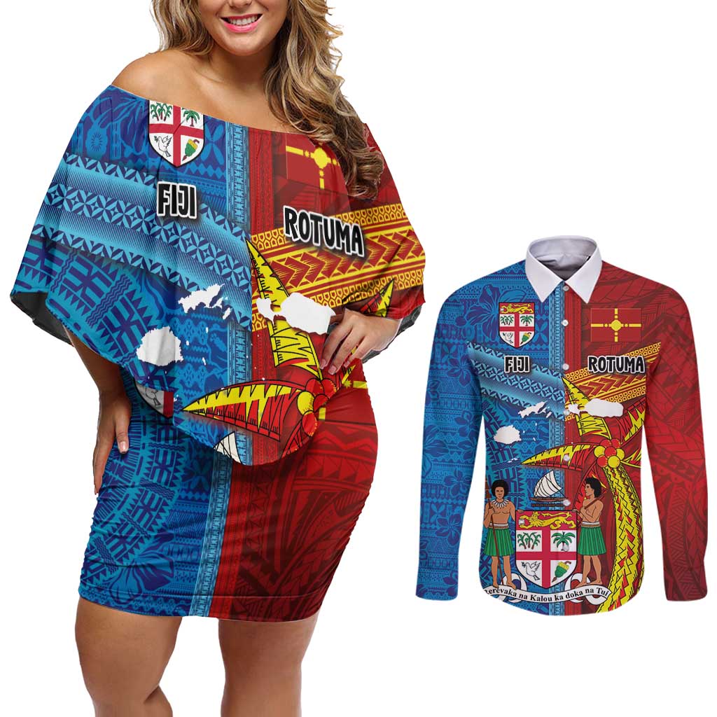 Personalised Fiji and Rotuma Together Couples Matching Off Shoulder Short Dress and Long Sleeve Button Shirt Tapa and Pacific Art Pattern with Cultural Emblems Half Style