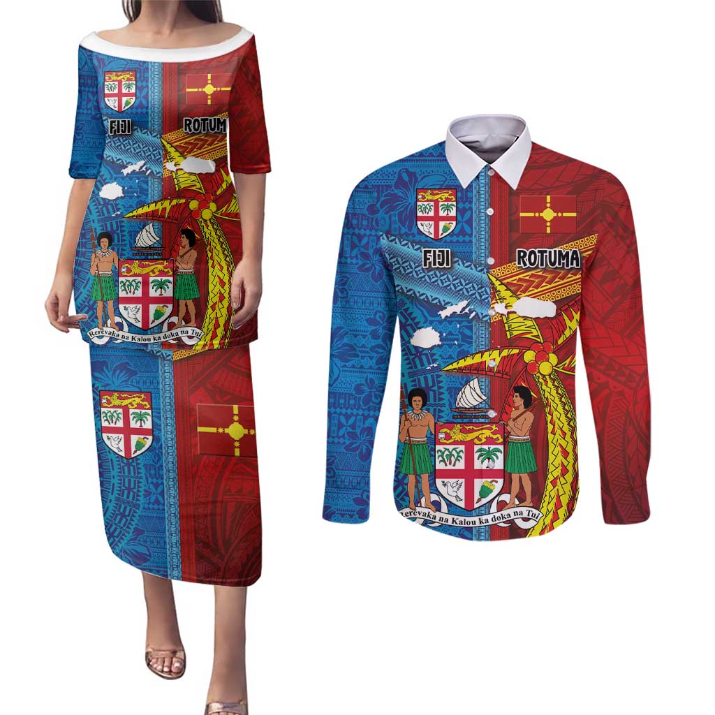 Personalised Fiji and Rotuma Together Couples Matching Puletasi and Long Sleeve Button Shirt Tapa and Pacific Art Pattern with Cultural Emblems Half Style