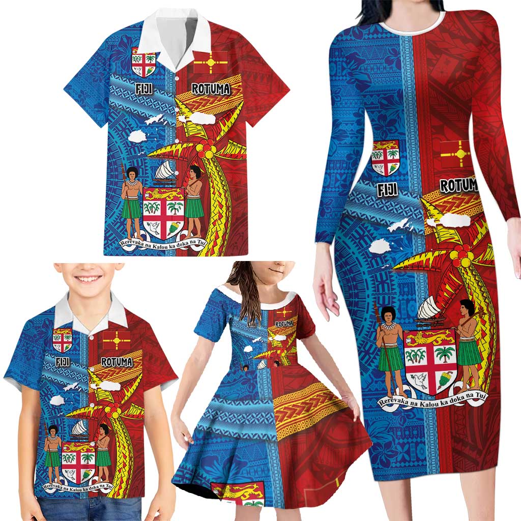 Personalised Fiji and Rotuma Together Family Matching Long Sleeve Bodycon Dress and Hawaiian Shirt Tapa and Pacific Art Pattern with Cultural Emblems Half Style