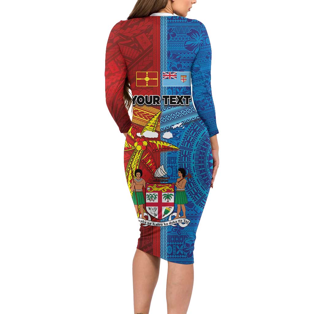 Personalised Fiji and Rotuma Together Family Matching Long Sleeve Bodycon Dress and Hawaiian Shirt Tapa and Pacific Art Pattern with Cultural Emblems Half Style