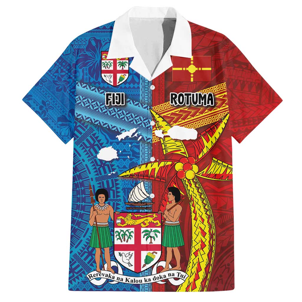 Personalised Fiji and Rotuma Together Family Matching Off Shoulder Short Dress and Hawaiian Shirt Tapa and Pacific Art Pattern with Cultural Emblems Half Style LT03 Dad's Shirt - Short Sleeve Red - Polynesian Pride
