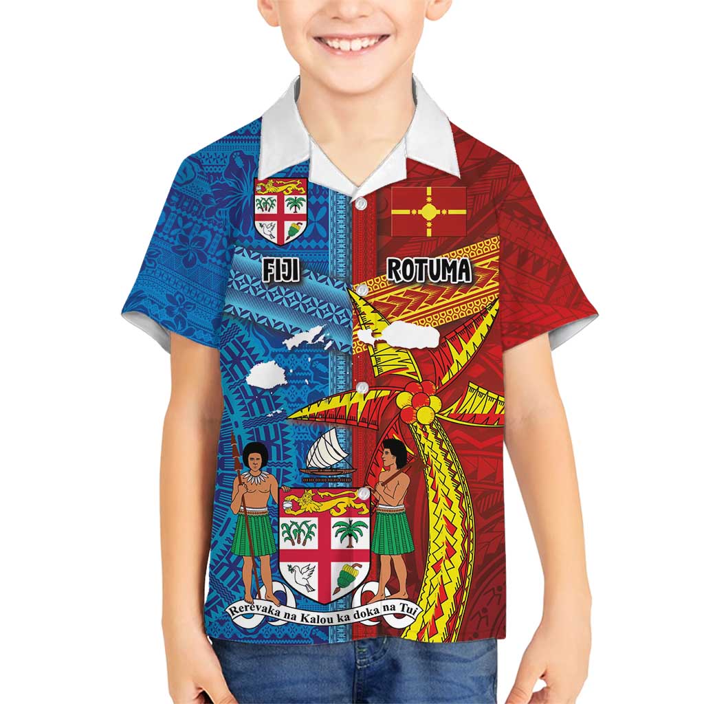 Personalised Fiji and Rotuma Together Family Matching Off Shoulder Short Dress and Hawaiian Shirt Tapa and Pacific Art Pattern with Cultural Emblems Half Style LT03 Son's Shirt Red - Polynesian Pride