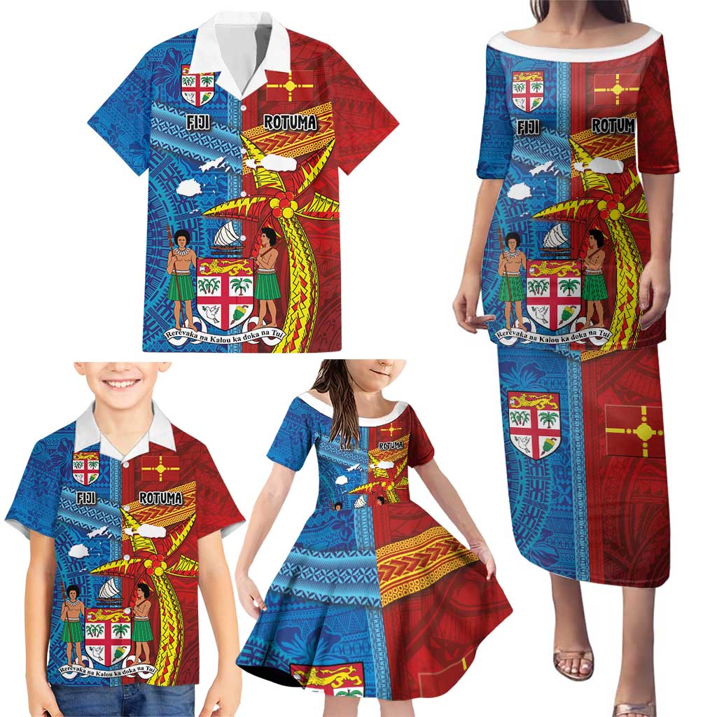 Personalised Fiji and Rotuma Together Family Matching Puletasi and Hawaiian Shirt Tapa and Pacific Art Pattern with Cultural Emblems Half Style
