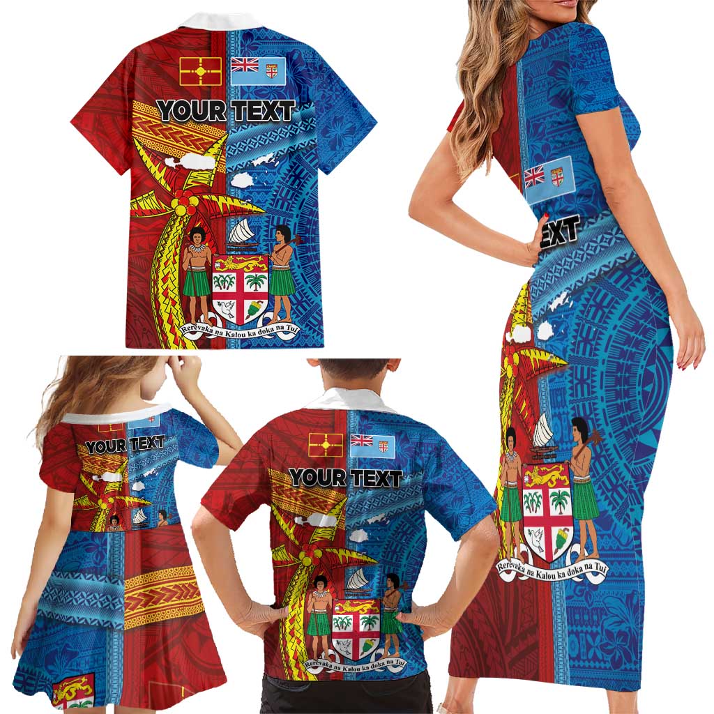 Personalised Fiji and Rotuma Together Family Matching Short Sleeve Bodycon Dress and Hawaiian Shirt Tapa and Pacific Art Pattern with Cultural Emblems Half Style