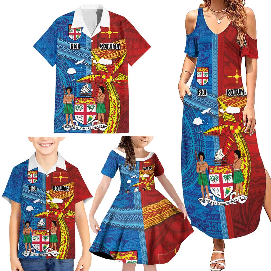 Personalised Fiji and Rotuma Together Family Matching Summer Maxi Dress and Hawaiian Shirt Tapa and Pacific Art Pattern with Cultural Emblems Half Style