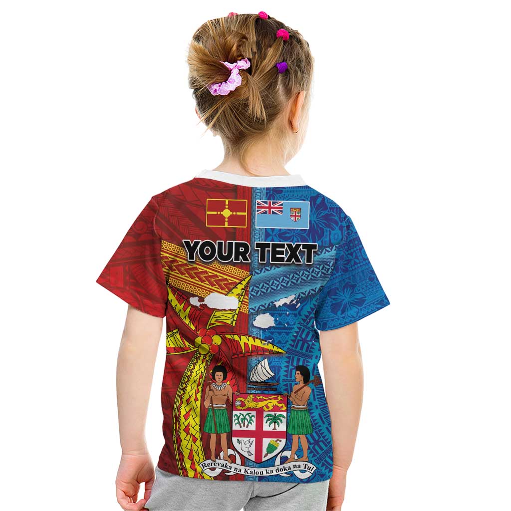 Personalised Fiji and Rotuma Together Kid T Shirt Tapa and Pacific Art Pattern with Cultural Emblems Half Style
