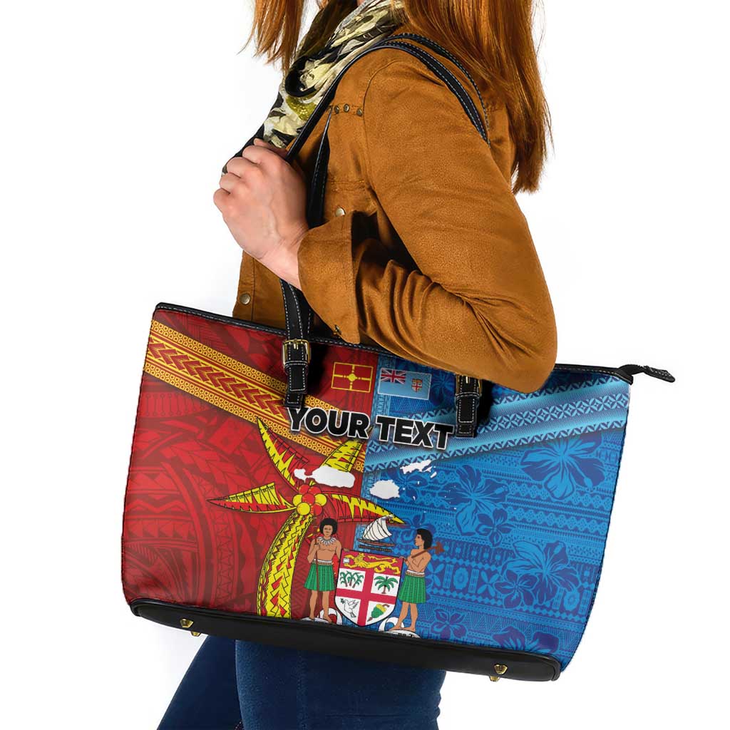 Personalised Fiji and Rotuma Together Leather Tote Bag Tapa and Pacific Art Pattern with Cultural Emblems Half Style