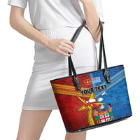 Personalised Fiji and Rotuma Together Leather Tote Bag Tapa and Pacific Art Pattern with Cultural Emblems Half Style