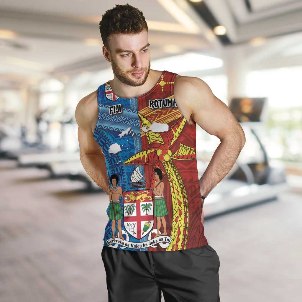 Personalised Fiji and Rotuma Together Men Tank Top Tapa and Pacific Art Pattern with Cultural Emblems Half Style