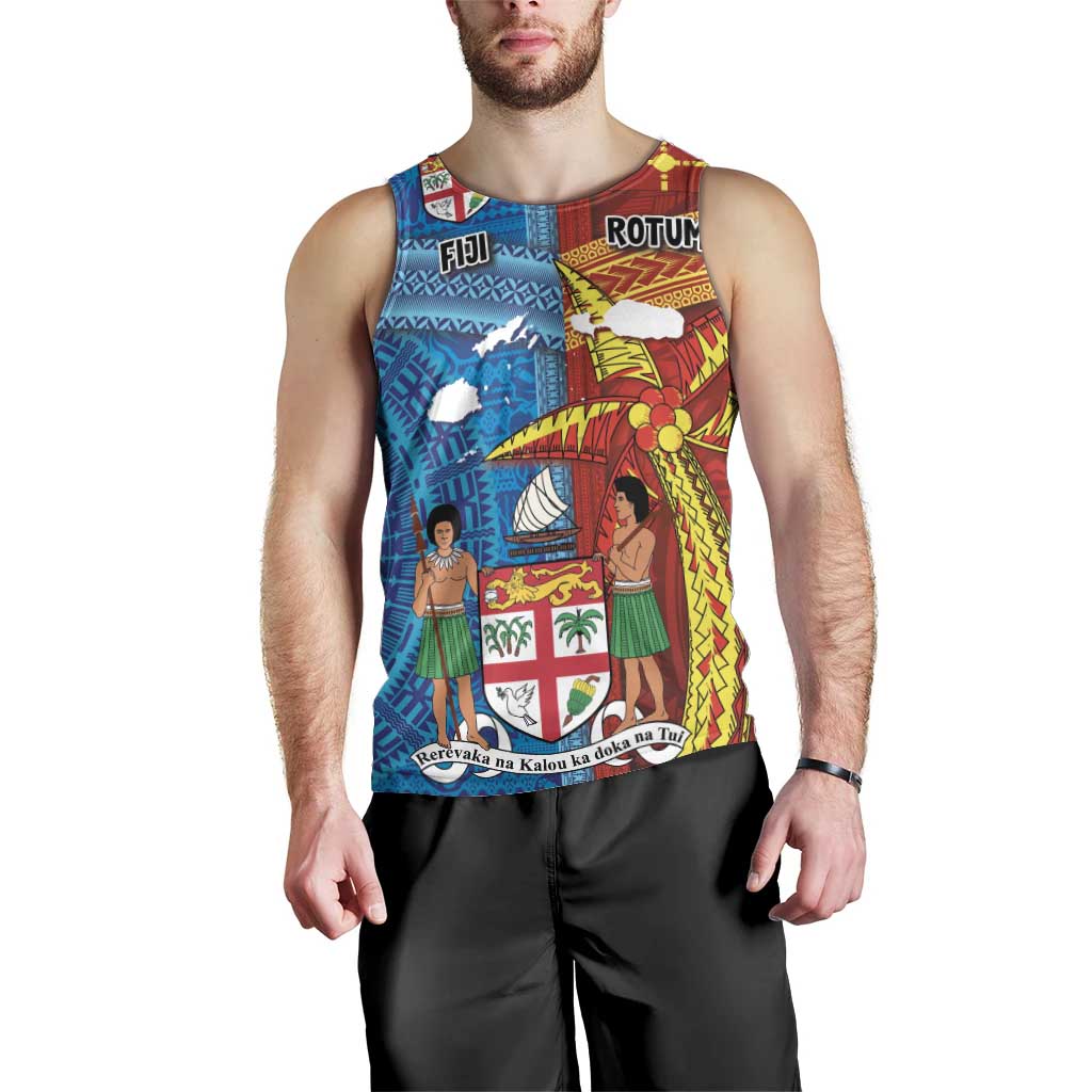 Personalised Fiji and Rotuma Together Men Tank Top Tapa and Pacific Art Pattern with Cultural Emblems Half Style
