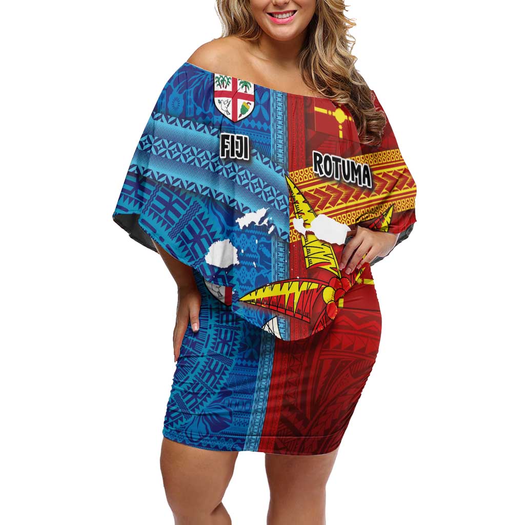 Personalised Fiji and Rotuma Together Off Shoulder Short Dress Tapa and Pacific Art Pattern with Cultural Emblems Half Style