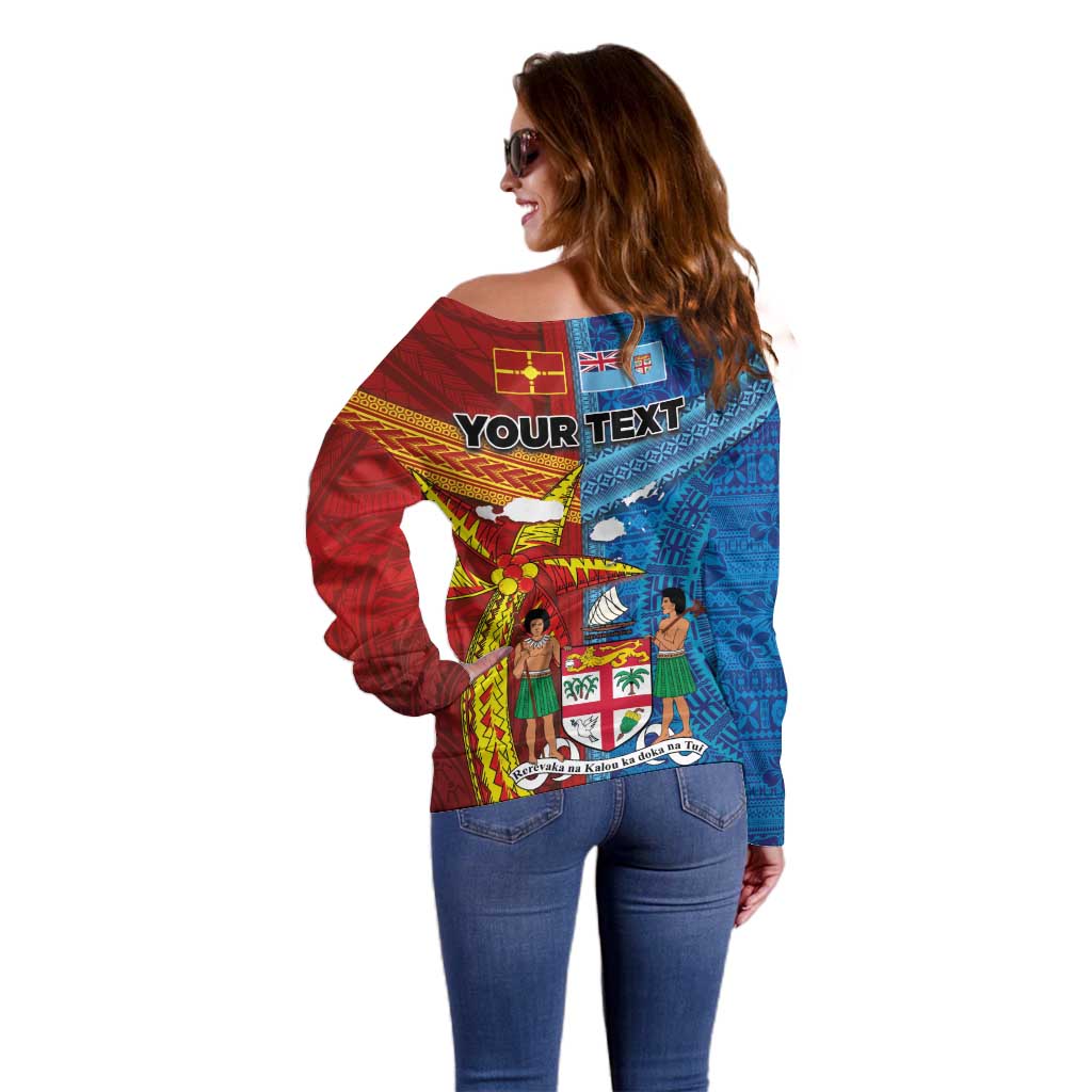 Personalised Fiji and Rotuma Together Off Shoulder Sweater Tapa and Pacific Art Pattern with Cultural Emblems Half Style