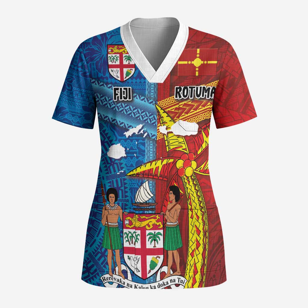 Personalised Fiji and Rotuma Together Scrub Top Tapa and Pacific Art Pattern with Cultural Emblems Half Style - Polynesian Pride