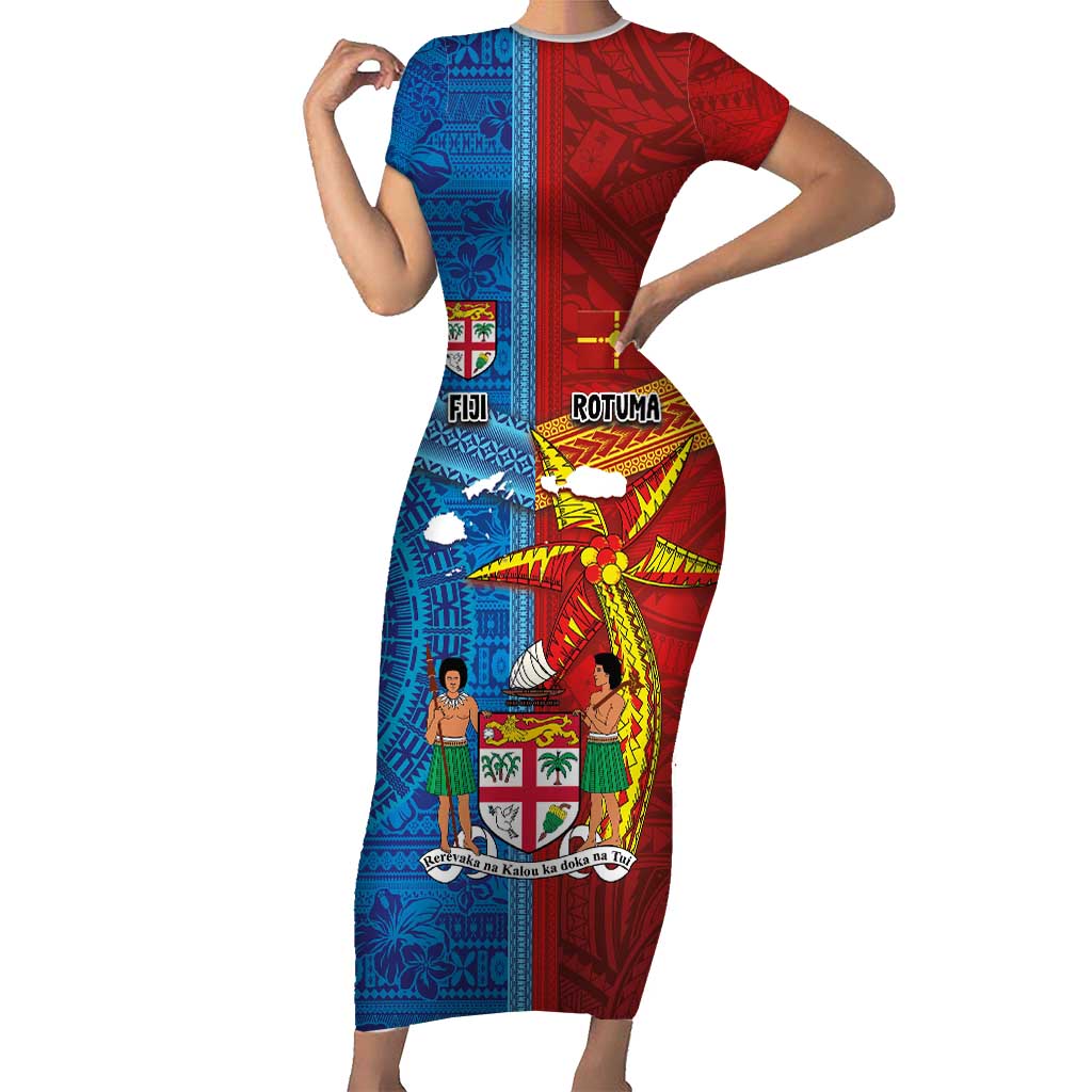 Personalised Fiji and Rotuma Together Short Sleeve Bodycon Dress Tapa and Pacific Art Pattern with Cultural Emblems Half Style