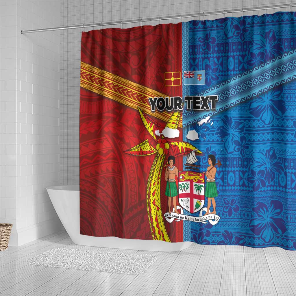 Personalised Fiji and Rotuma Together Shower Curtain Tapa and Pacific Art Pattern with Cultural Emblems Half Style