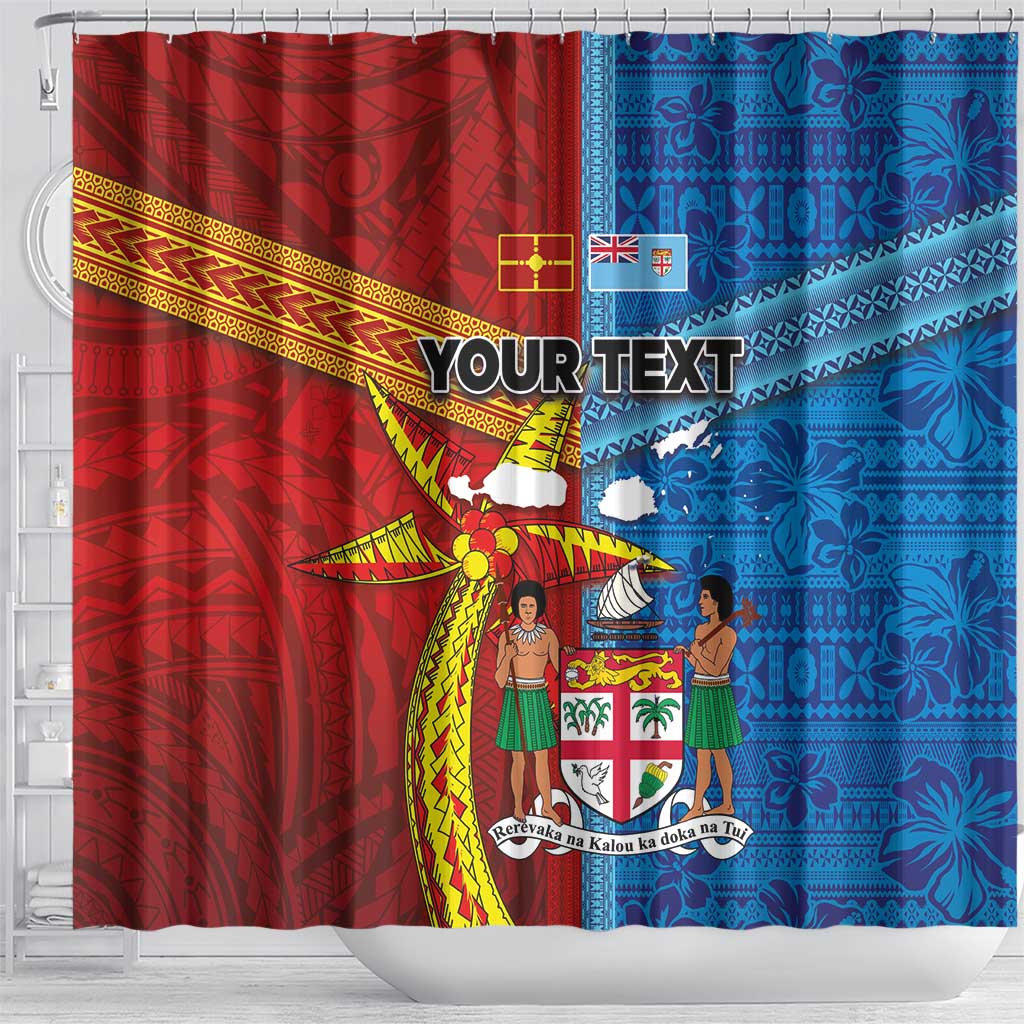 Personalised Fiji and Rotuma Together Shower Curtain Tapa and Pacific Art Pattern with Cultural Emblems Half Style