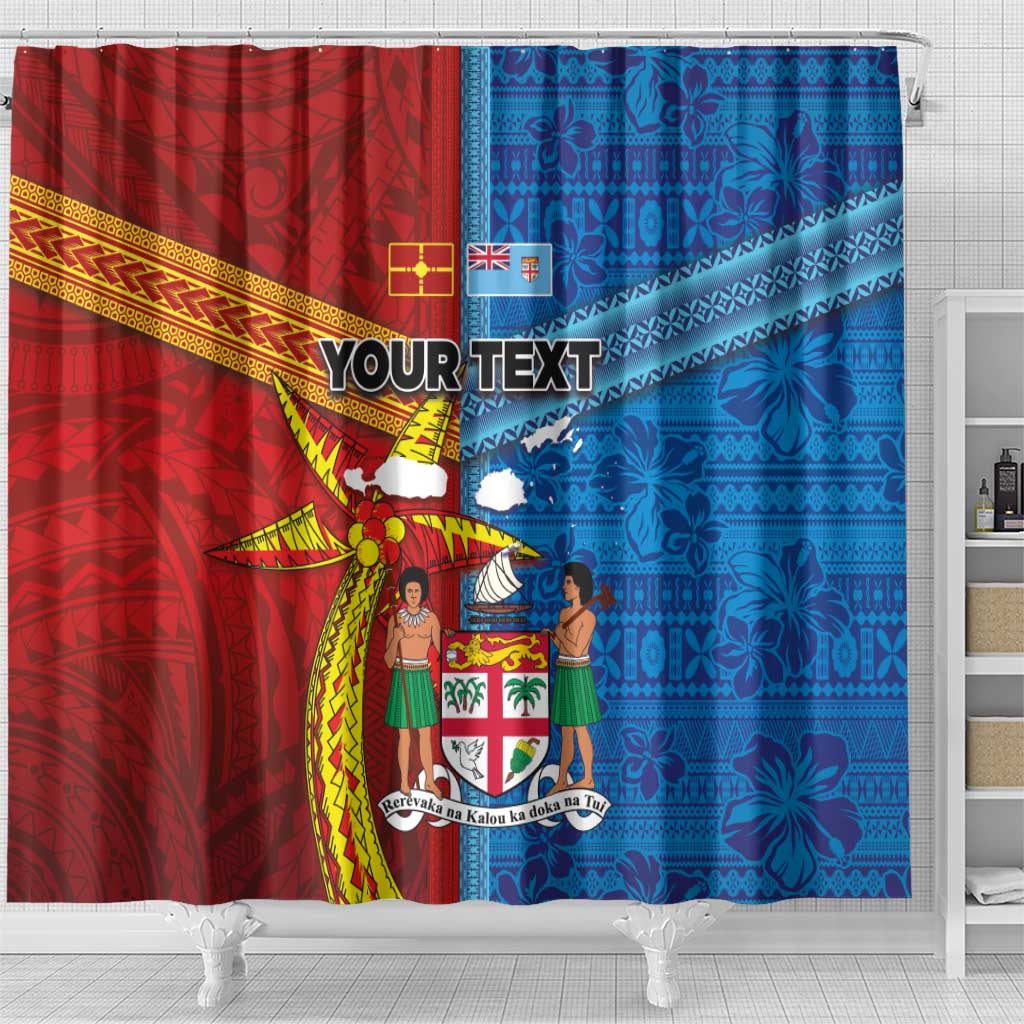 Personalised Fiji and Rotuma Together Shower Curtain Tapa and Pacific Art Pattern with Cultural Emblems Half Style