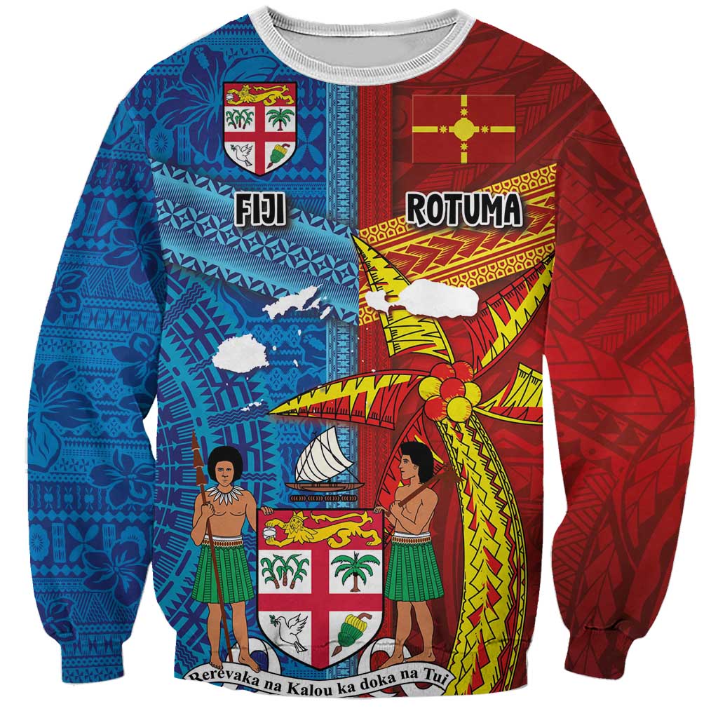 Personalised Fiji and Rotuma Together Sweatshirt Tapa and Pacific Art Pattern with Cultural Emblems Half Style