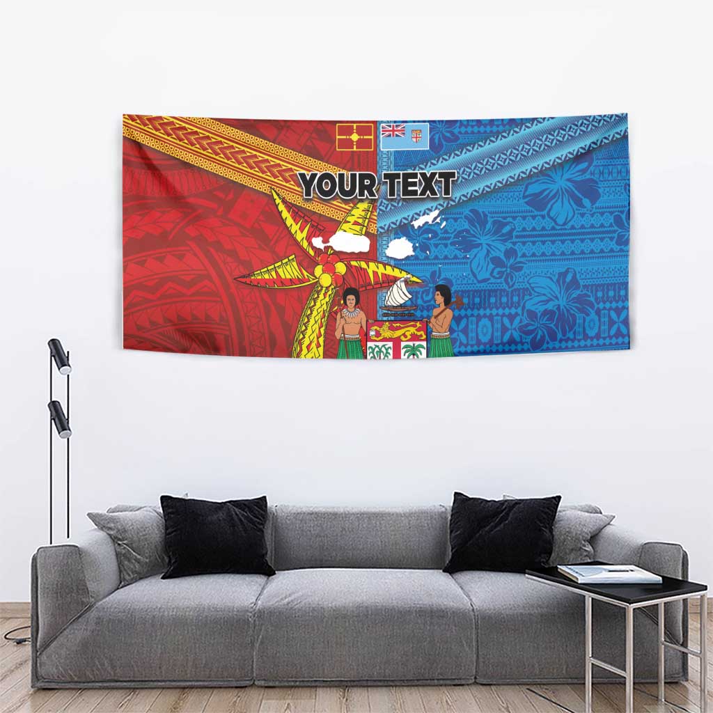 Personalised Fiji and Rotuma Together Tapestry Tapa and Pacific Art Pattern with Cultural Emblems Half Style