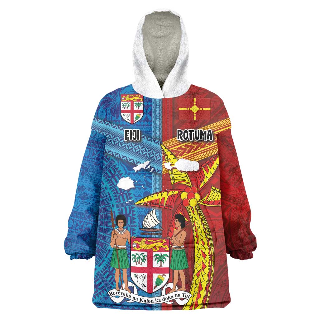Personalised Fiji and Rotuma Together Wearable Blanket Hoodie Tapa and Pacific Art Pattern with Cultural Emblems Half Style