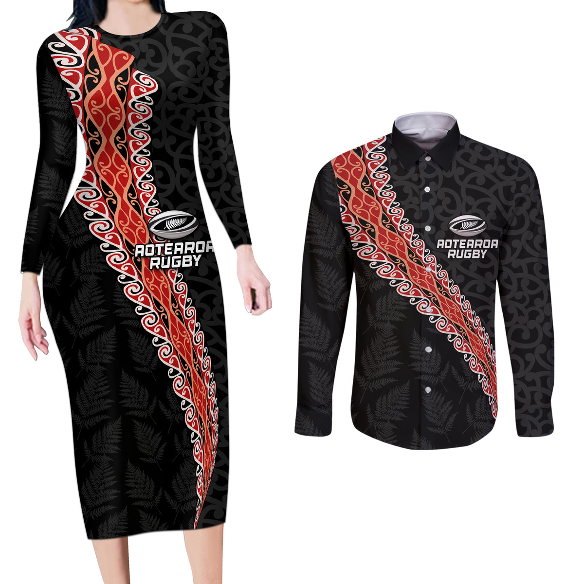 Custom New Zealand Rugby Couples Matching Long Sleeve Bodycon Dress and Long Sleeve Button Shirt Maori and Silver Fern Half Style