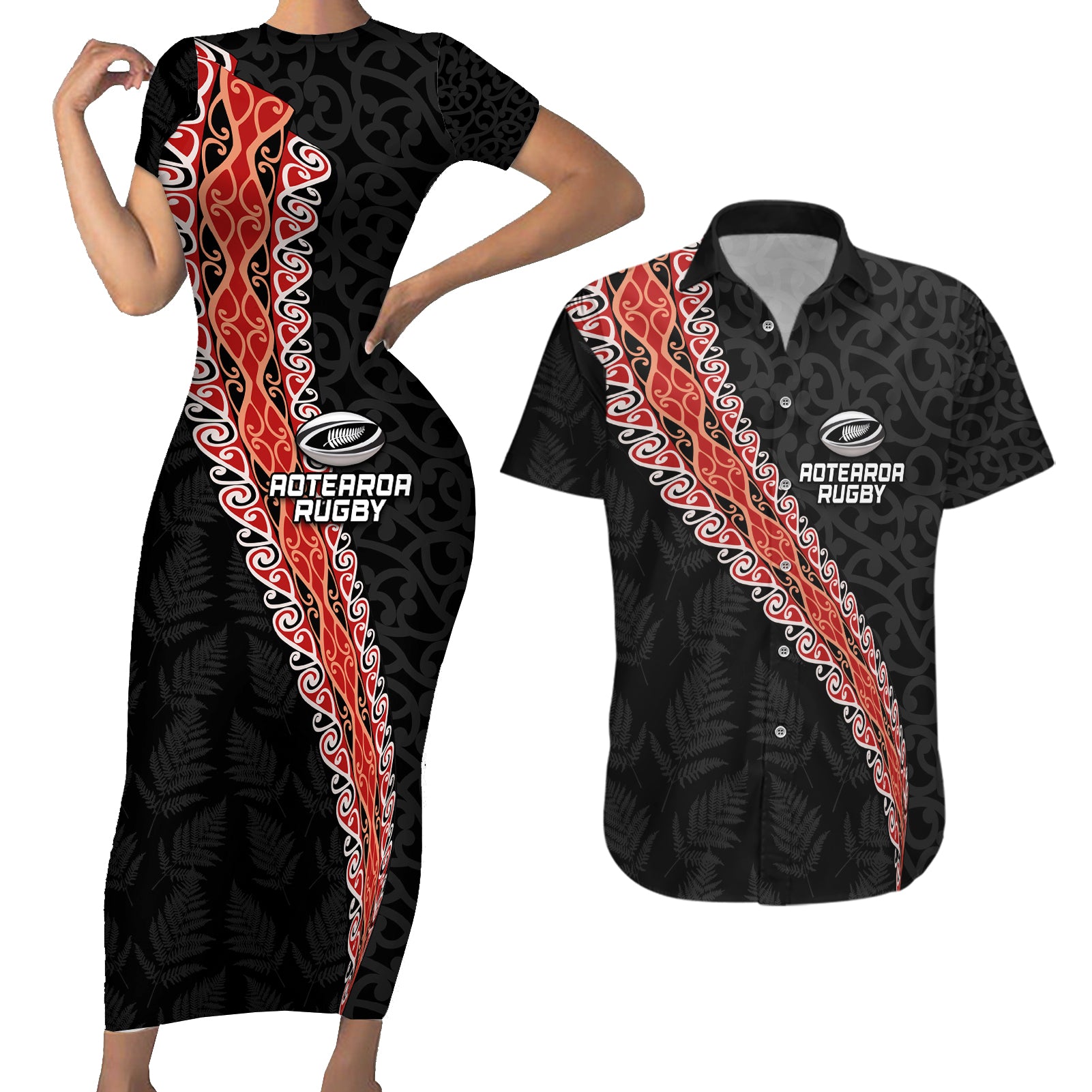 Custom New Zealand Rugby Couples Matching Short Sleeve Bodycon Dress and Hawaiian Shirt Maori and Silver Fern Half Style