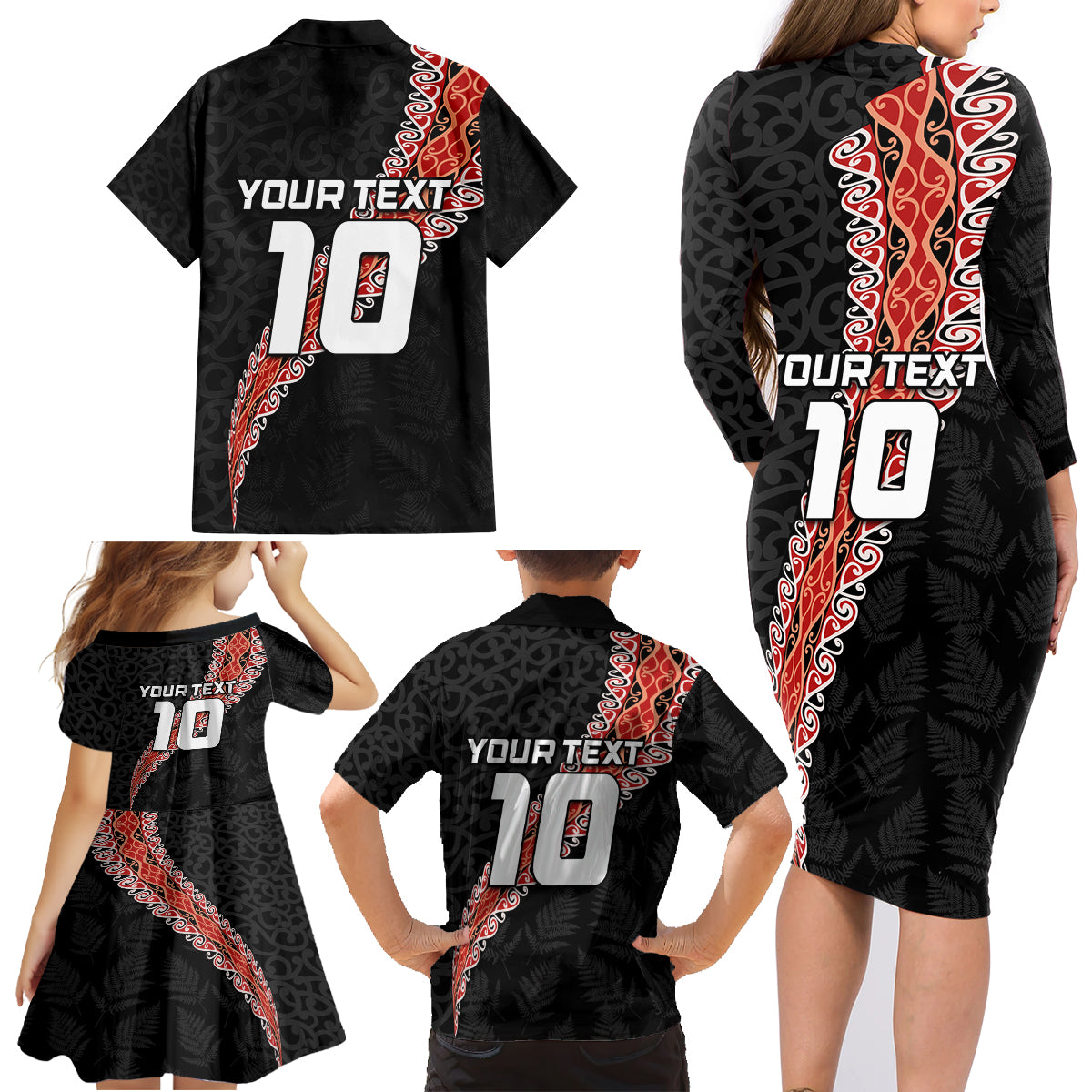 Custom New Zealand Rugby Family Matching Long Sleeve Bodycon Dress and Hawaiian Shirt Maori and Silver Fern Half Style