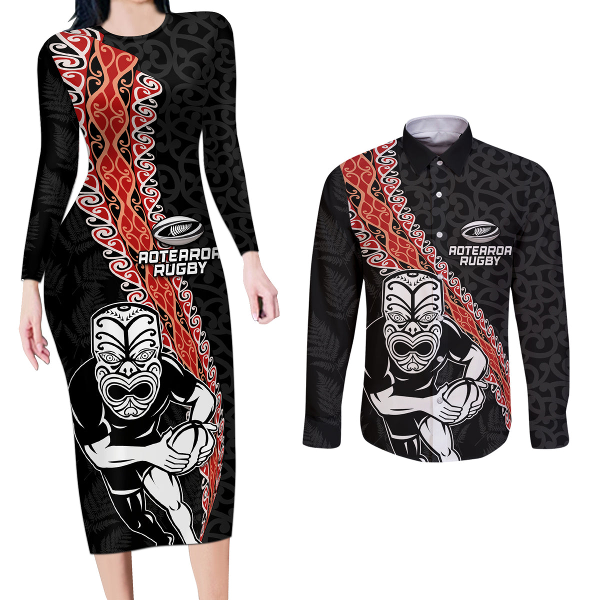 New Zealand Maori Warrior Rugby Couples Matching Long Sleeve Bodycon Dress and Long Sleeve Button Shirt Maori and Silver Fern Half Style LT03 Black - Polynesian Pride