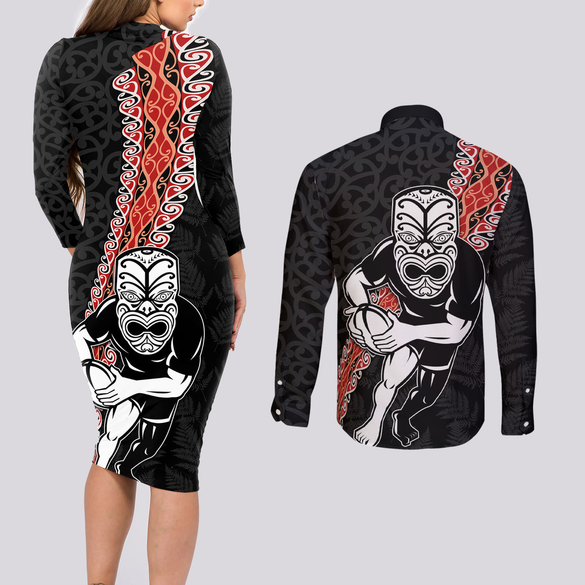 New Zealand Maori Warrior Rugby Couples Matching Long Sleeve Bodycon Dress and Long Sleeve Button Shirt Maori and Silver Fern Half Style LT03 - Polynesian Pride