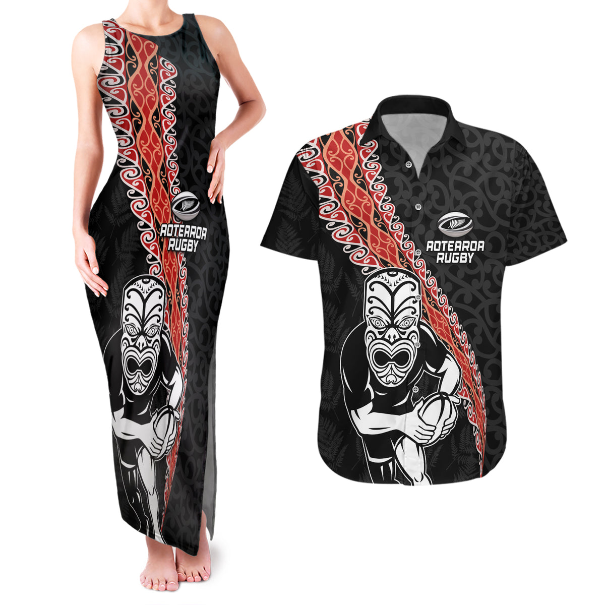 New Zealand Maori Warrior Rugby Couples Matching Tank Maxi Dress and Hawaiian Shirt Maori and Silver Fern Half Style