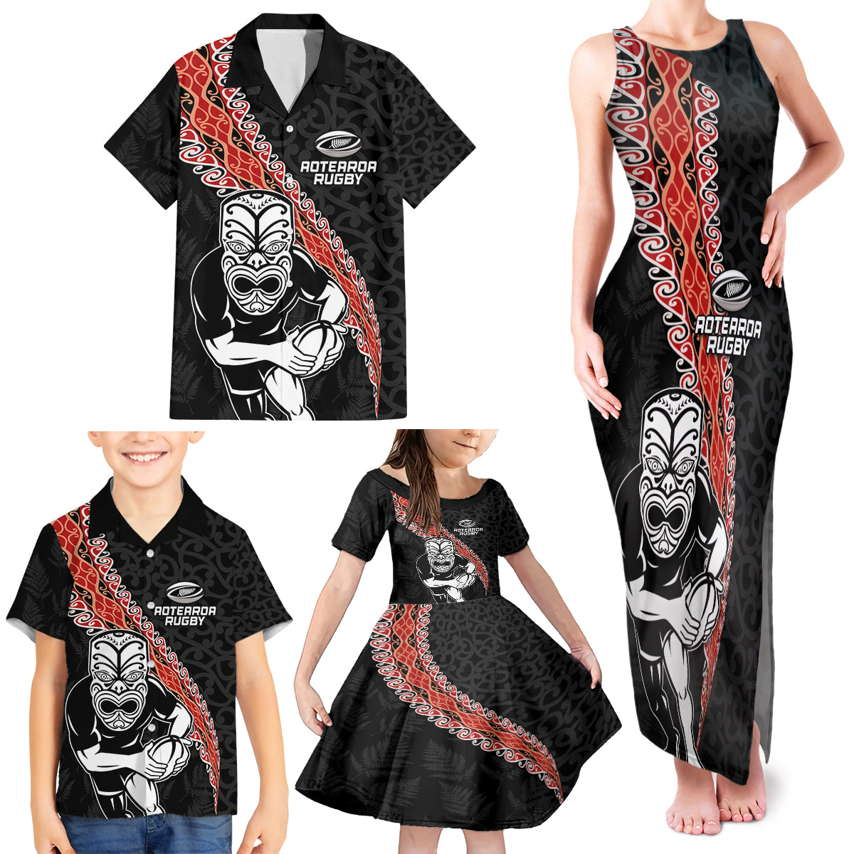 New Zealand Maori Warrior Rugby Family Matching Tank Maxi Dress and Hawaiian Shirt Maori and Silver Fern Half Style