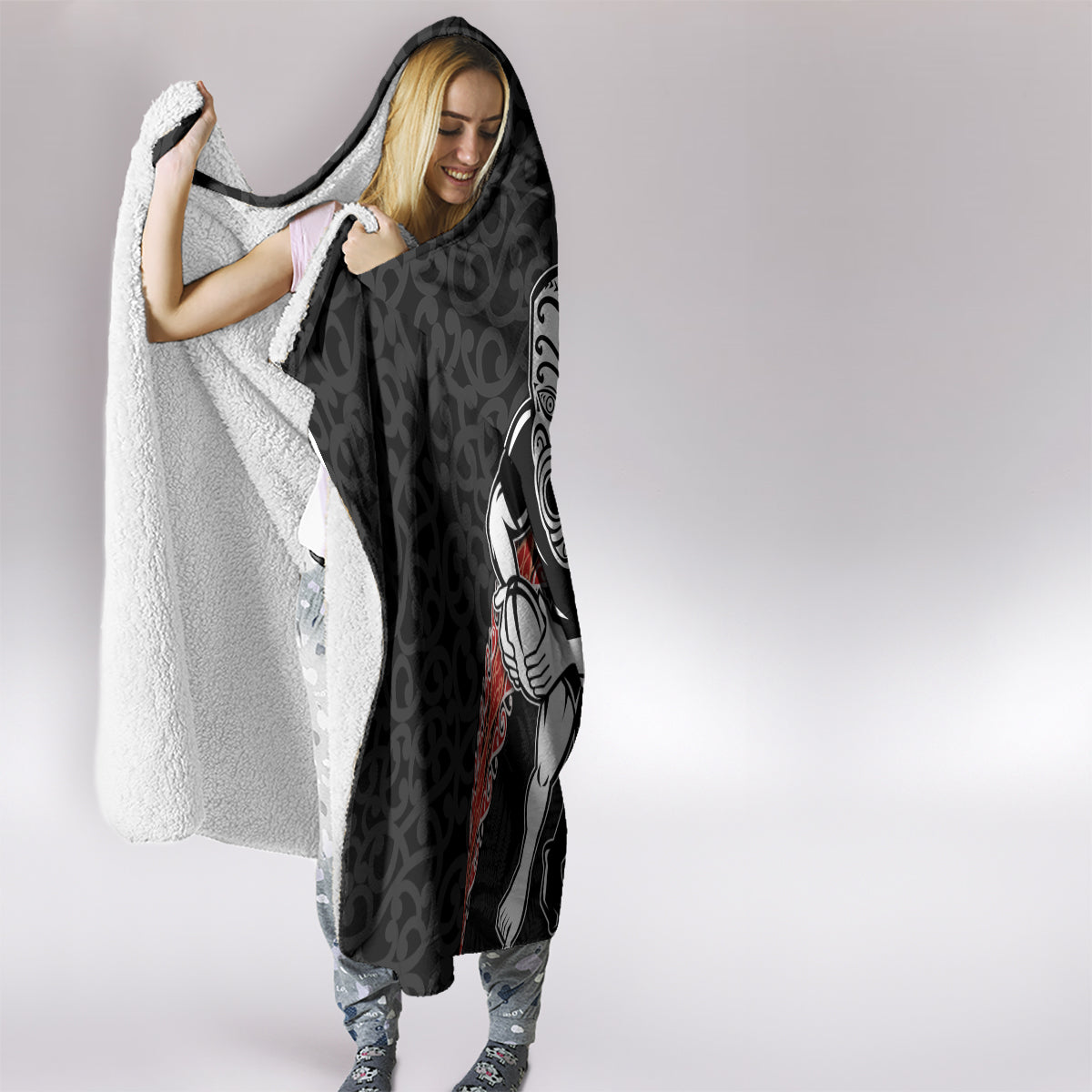 New Zealand Maori Warrior Rugby Hooded Blanket Maori and Silver Fern Half Style