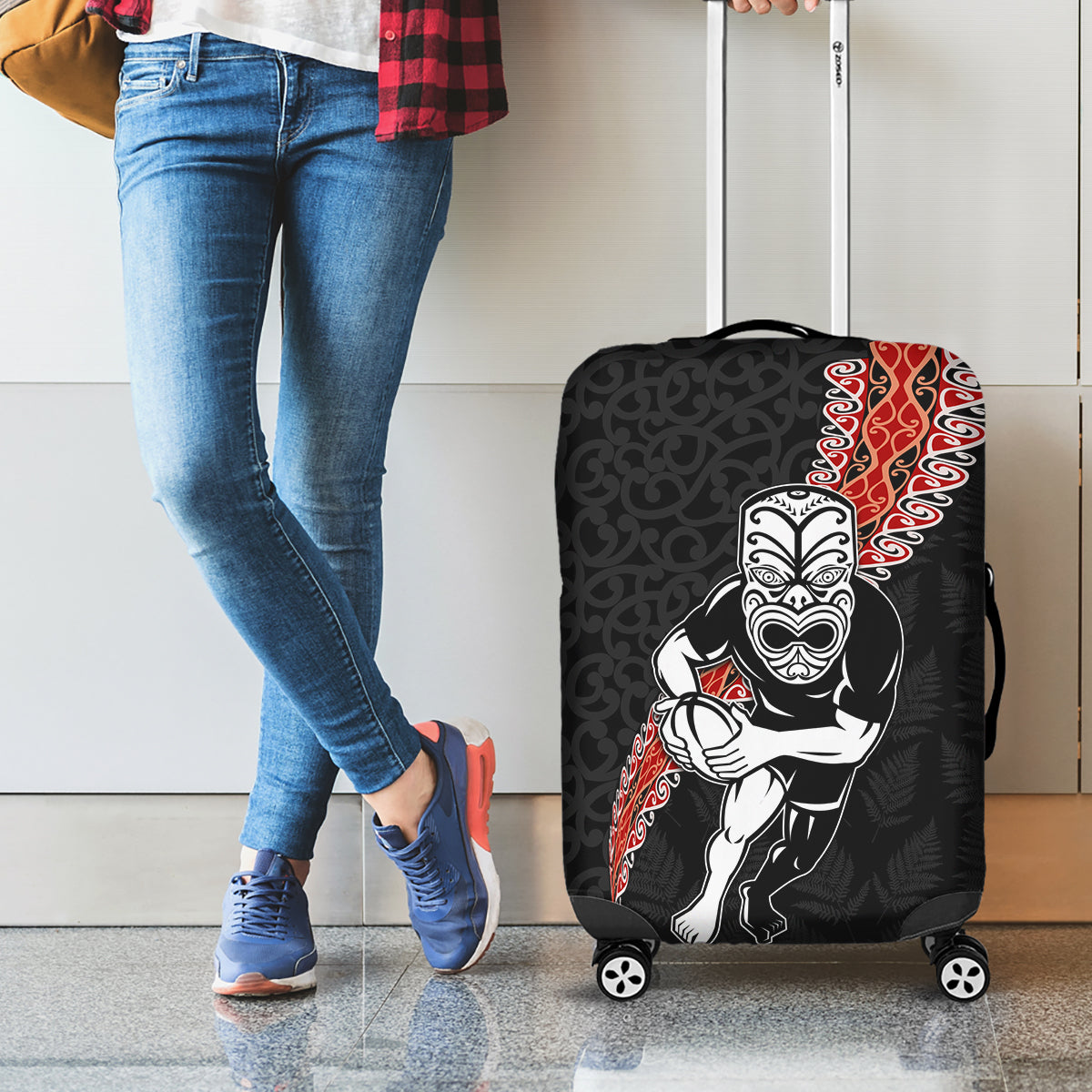 New Zealand Maori Warrior Rugby Luggage Cover Maori and Silver Fern Half Style