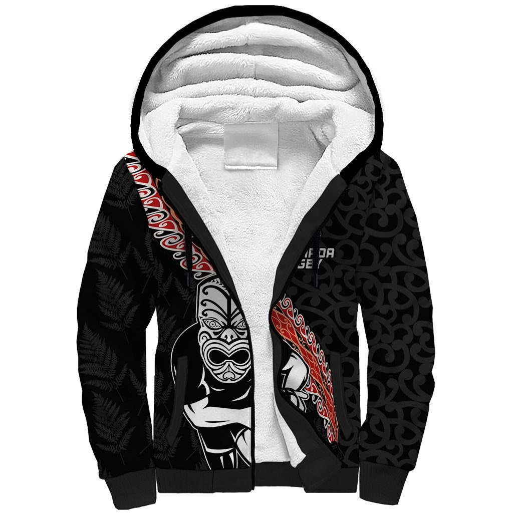 New Zealand Maori Warrior Rugby Sherpa Hoodie Maori and Silver Fern Half Style LT03 Unisex Black - Polynesian Pride