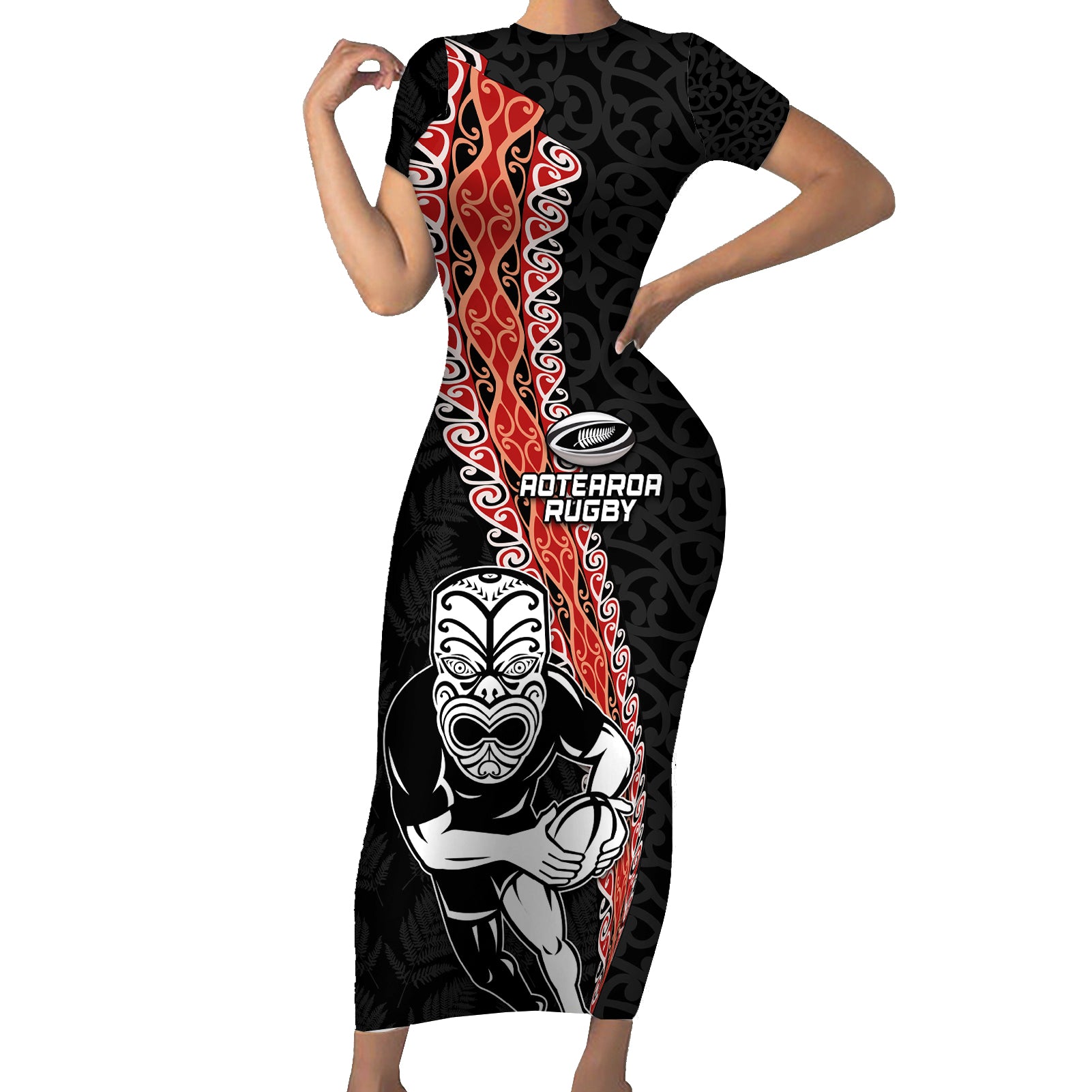 New Zealand Maori Warrior Rugby Short Sleeve Bodycon Dress Maori and Silver Fern Half Style