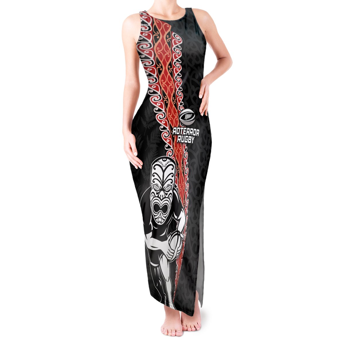 New Zealand Maori Warrior Rugby Tank Maxi Dress Maori and Silver Fern Half Style LT03 Women Black - Polynesian Pride
